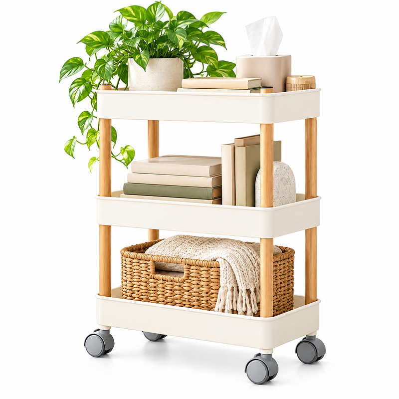 voqzelyn™ 3-Tier Rolling Utility Cart with Wood-Look Posts