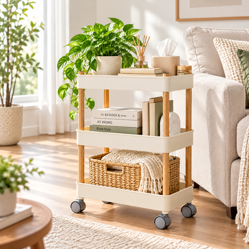 voqzelyn™ 3-Tier Rolling Utility Cart with Wood-Look Posts