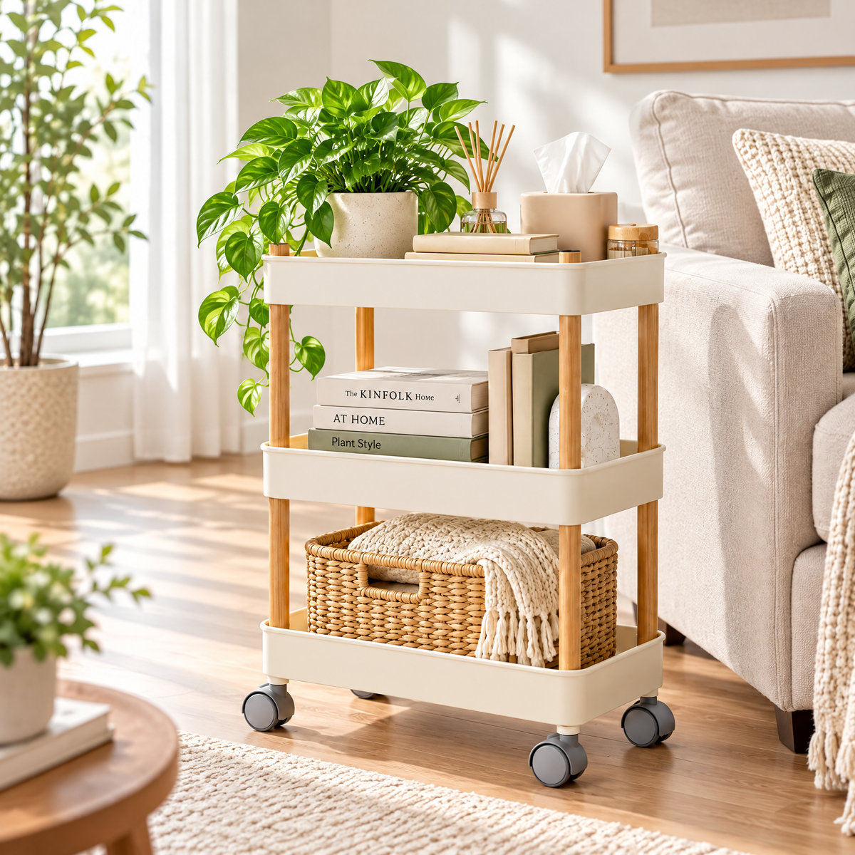 voqzelyn™ 3-Tier Rolling Utility Cart with Wood-Look Posts