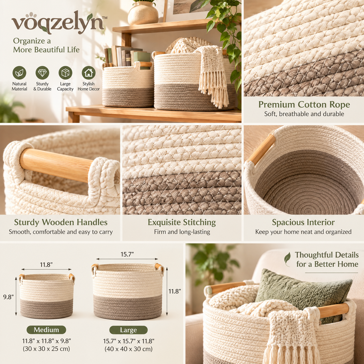 voqzelyn™ Two-Tone Woven Rope Storage Basket Set