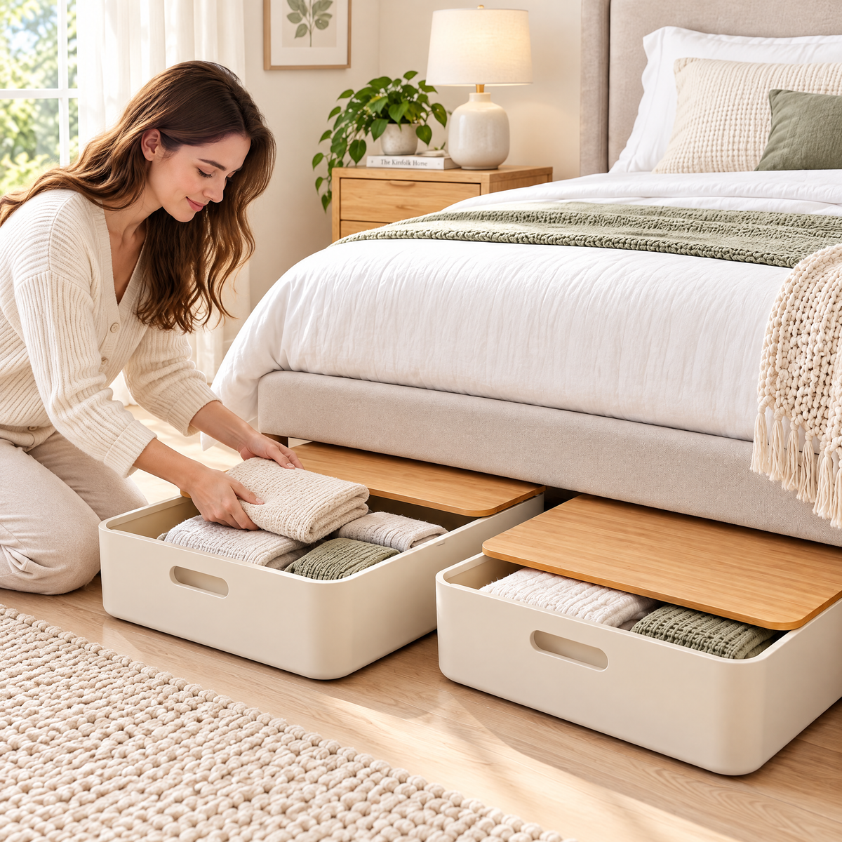 voqzelyn™ Low-Profile Under-Bed Storage Bins with Wood-Look Lids