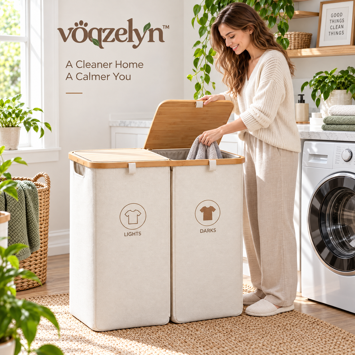 voqzelyn™ Double-Section Laundry Hamper with Wood-Look Top