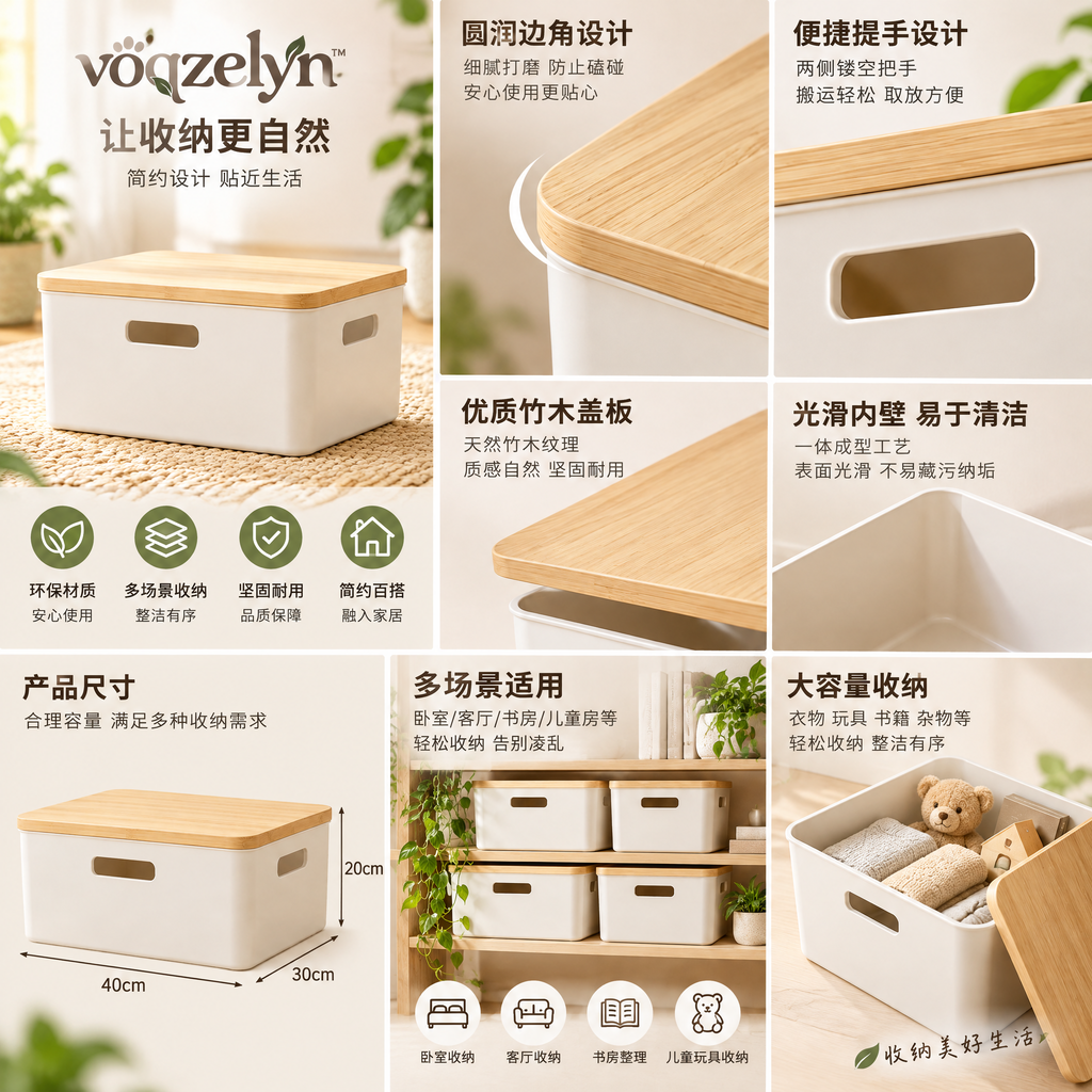 voqzelyn™ Stackable Storage Boxes with Wood-Look Lids