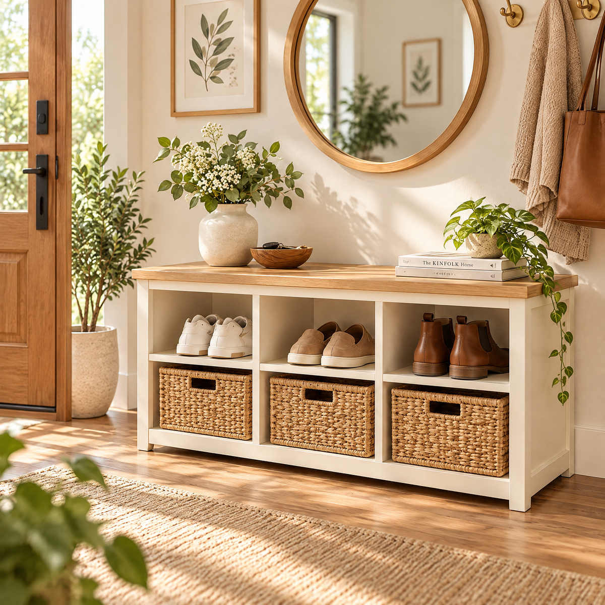 voqzelyn™ Entryway Shoe Storage Bench with Open Cubbies