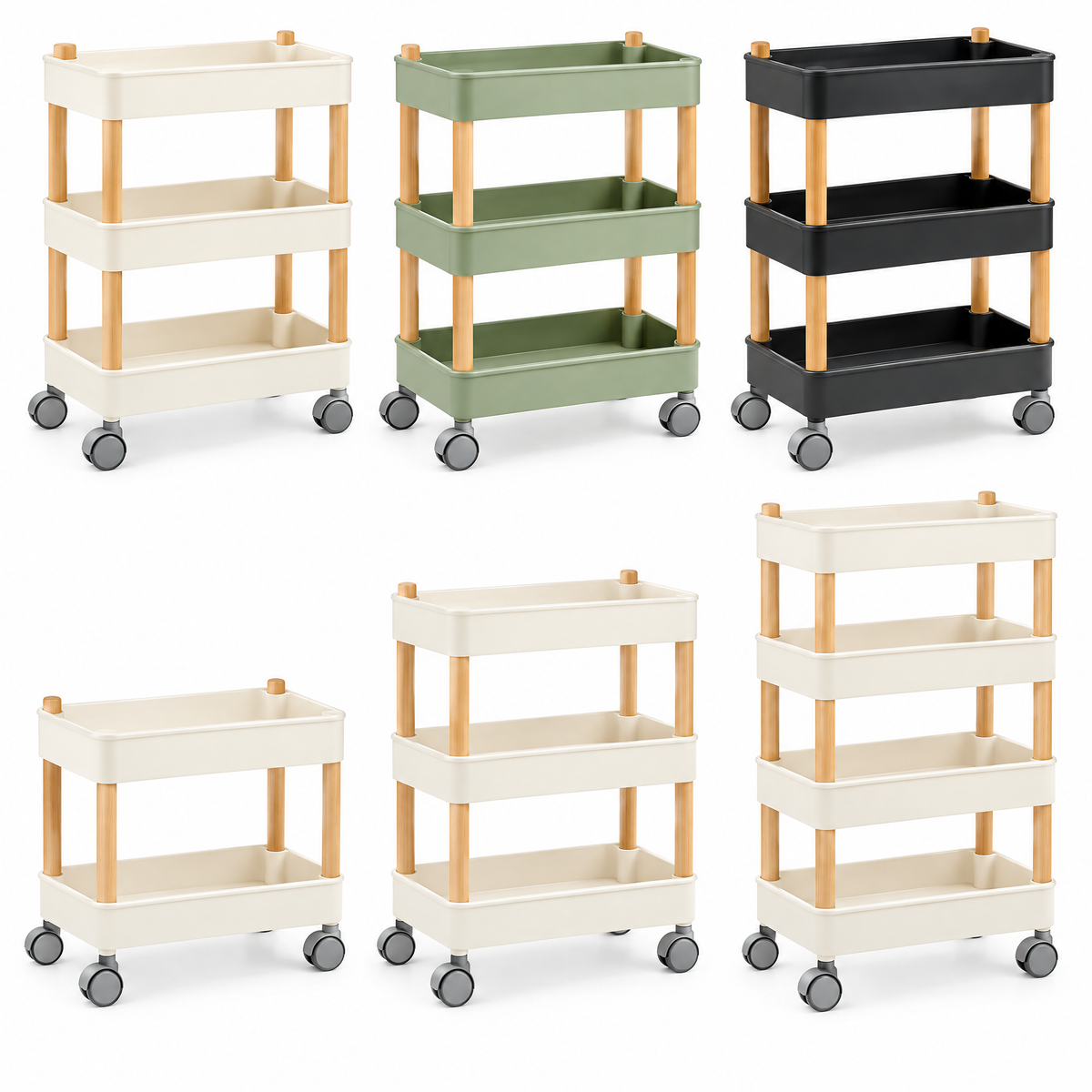 voqzelyn™ 3-Tier Rolling Utility Cart with Wood-Look Posts